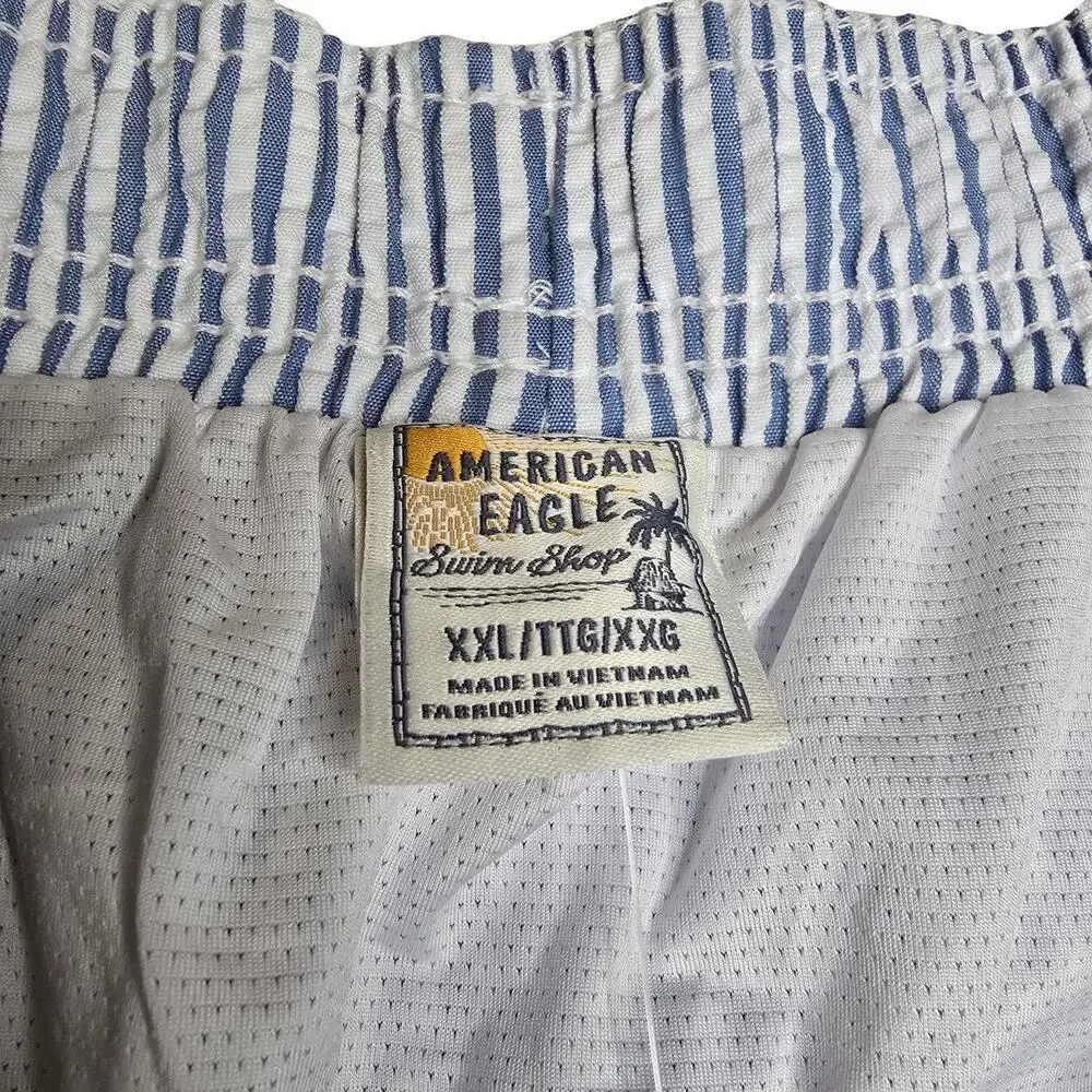 American Eagle Swim Trunks Mens XXL Blue White Stripe Seersucker 5